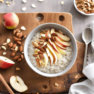 Eine helle Schale mit cremigem Kokos-Chia-Porridge, garniert mit Apfelstückchen, Zimt und gehackten Mandeln auf einem Holzbrett mit Morgenlicht.